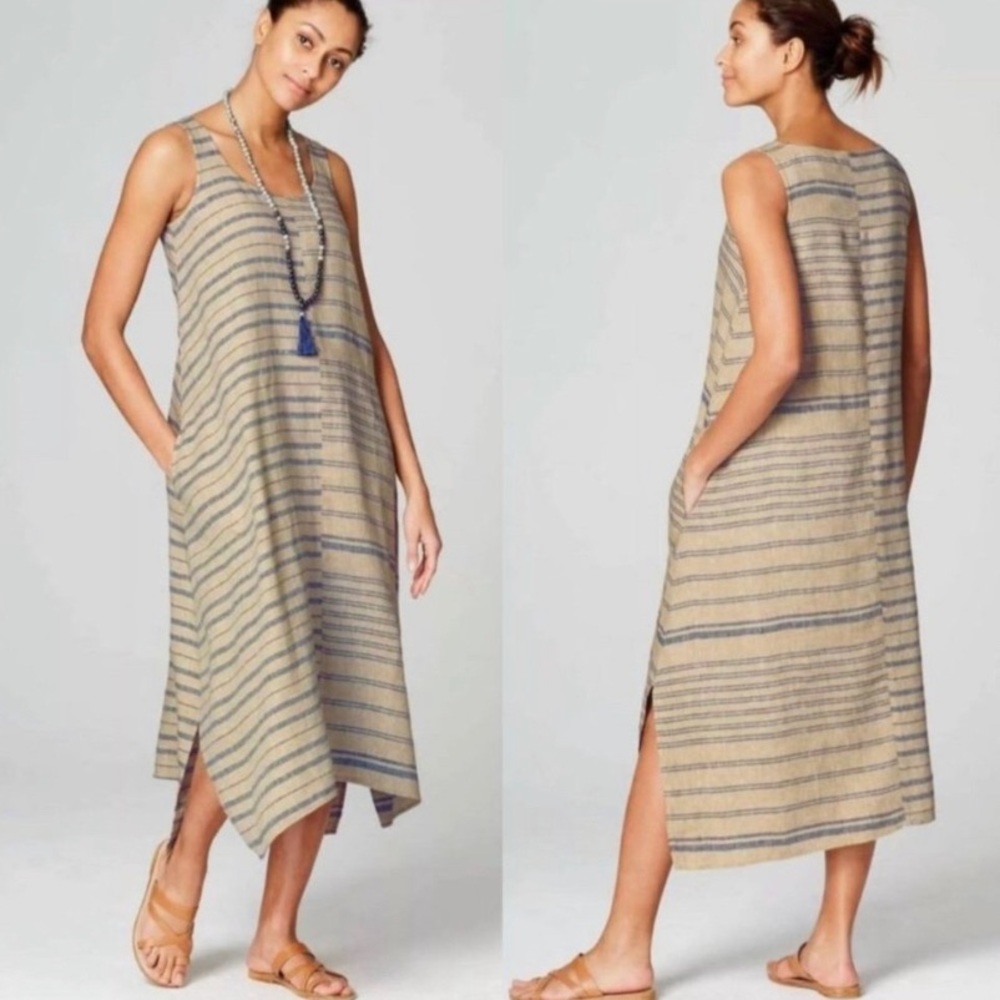 J. Jill Pure Jill 100% Linen Mixed Stripe Dipped Hem Midi Dress | Small